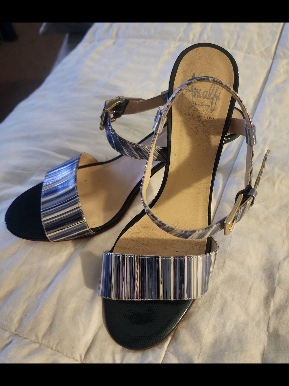 Amalfi Navy and White Striped Ankle-Strap Heels